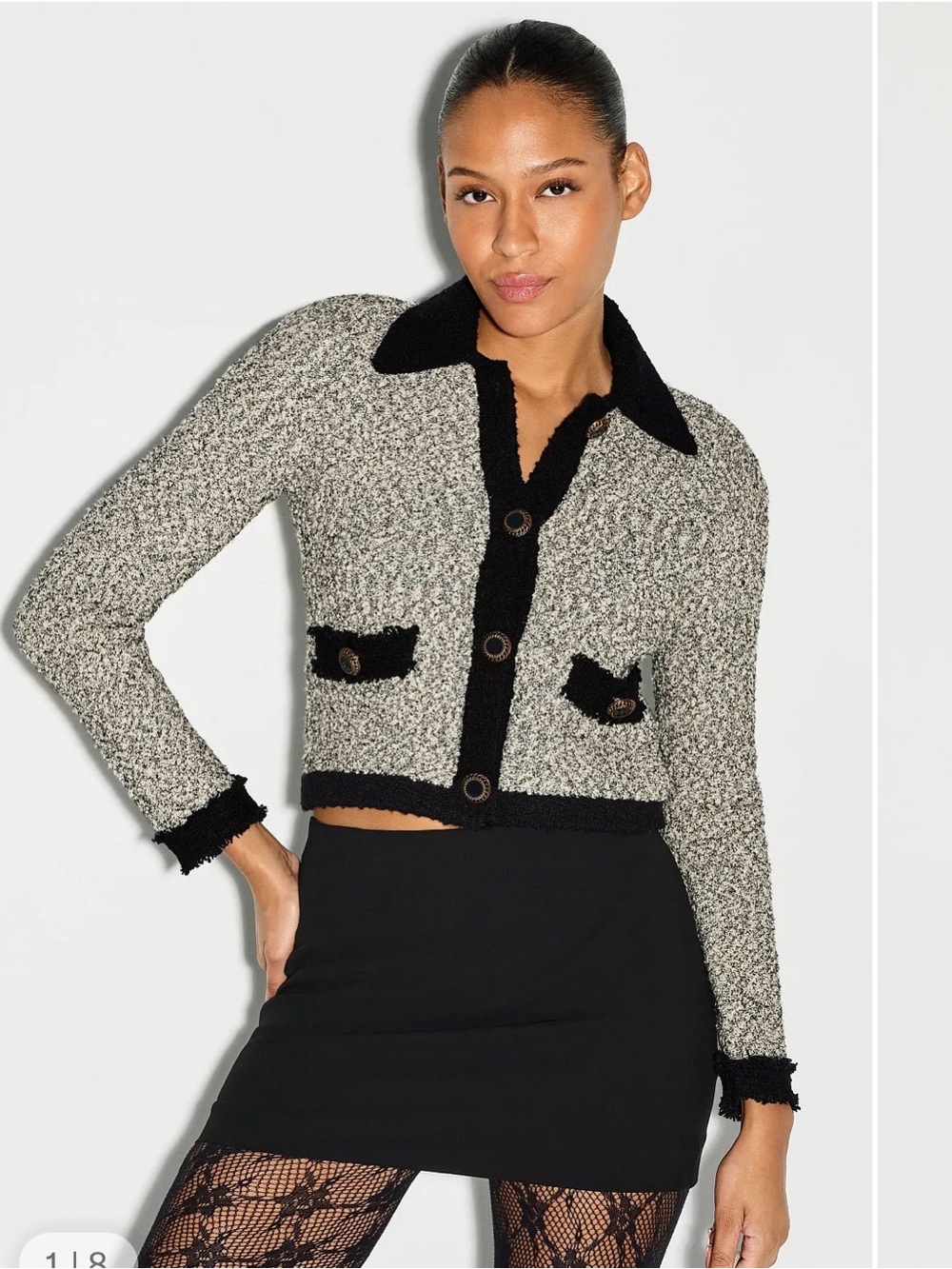 L'AGENCE Black-Trim Gray Bouclé Sweater